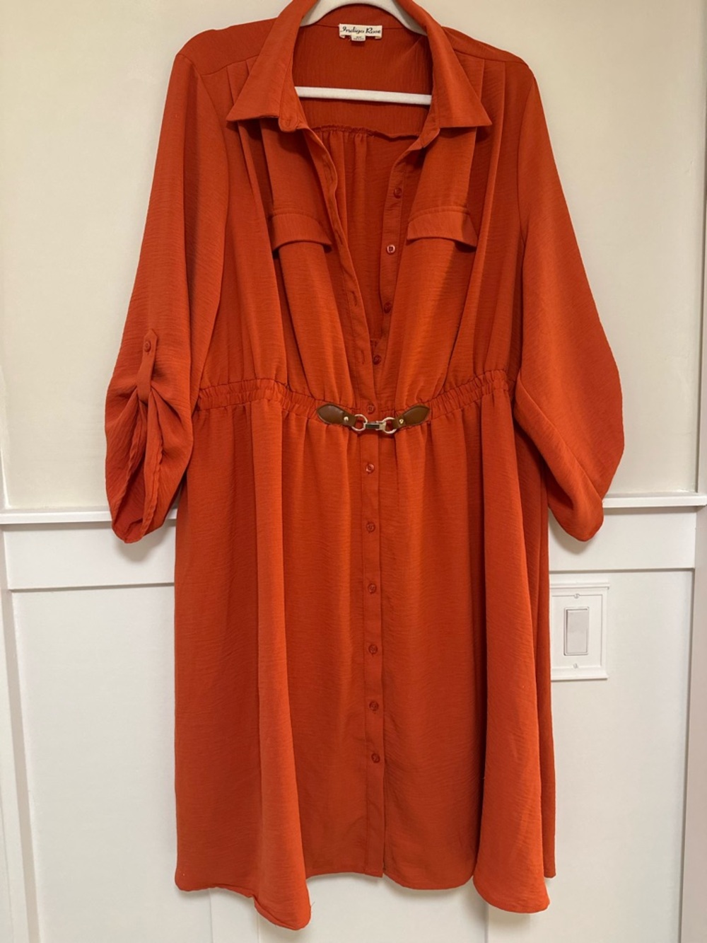 Indigo Rose 3X Button-Front Shirt Dress in Rust Orange, Collar & 3/4 Sleeves